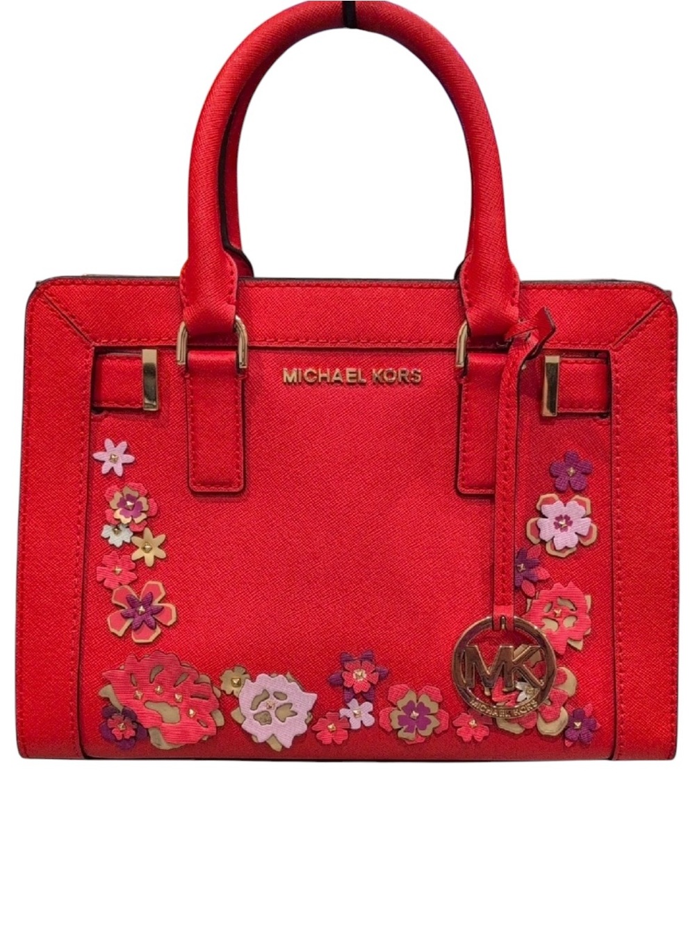 Michael Kors Red Saffiano Leather Colorful Floral Applique Satchel Tote Bag EUC